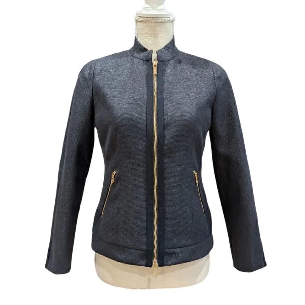 NWOT Badgley Mischka Women's Navy Blue & Gold Full Zip Jacket Size 2